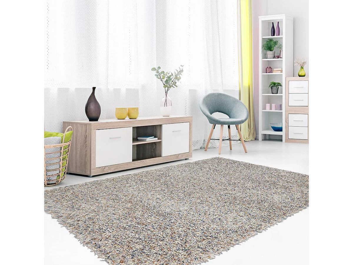 Tapis shaggy 160x230 rectangle tufté beige en laine motif faux uni YOUNG