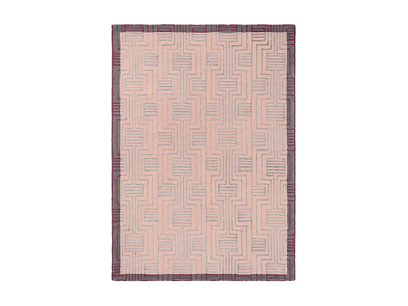 tapis entrée 140x200 fait à la main en laine rose rectangle motif géométrique