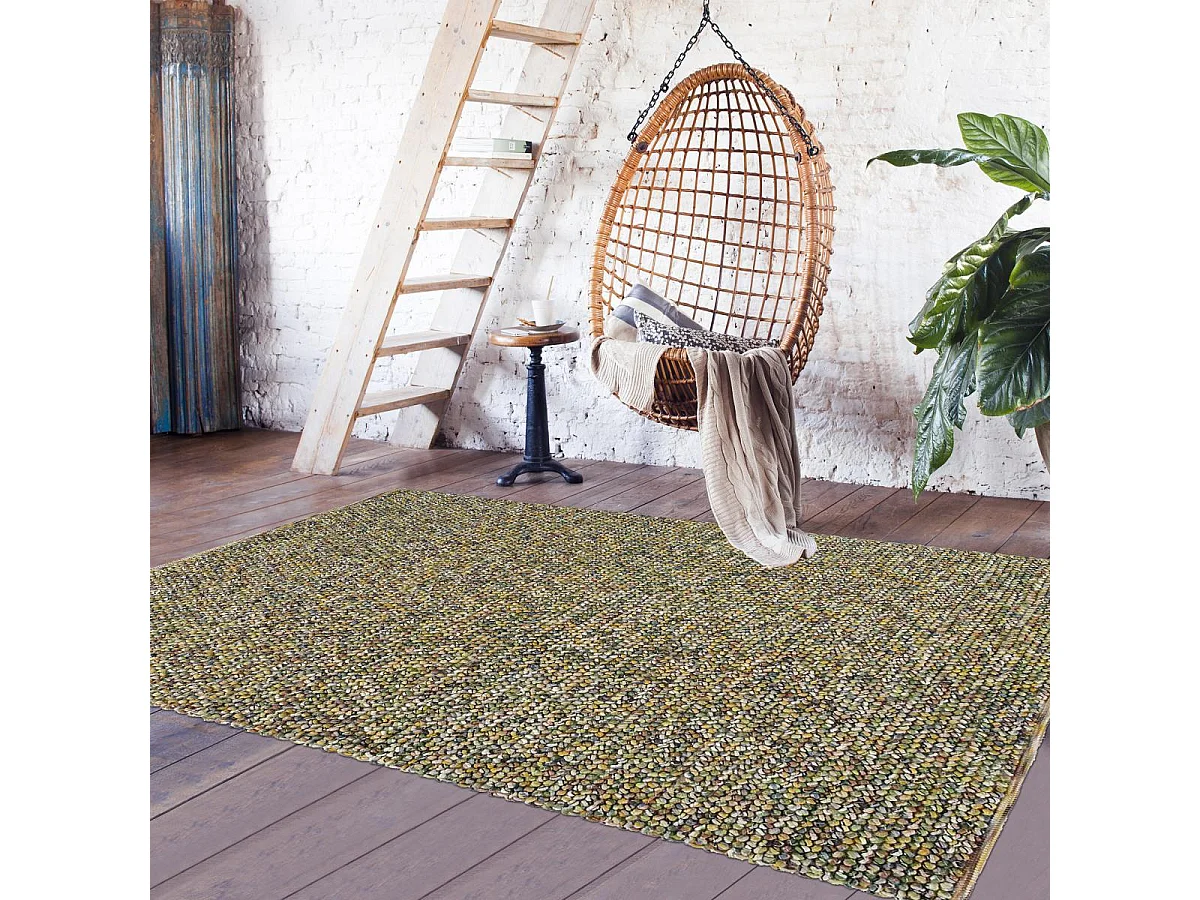 tapis entrée 140x200 tissé en laine vert et beige rectangle motif faux uni
