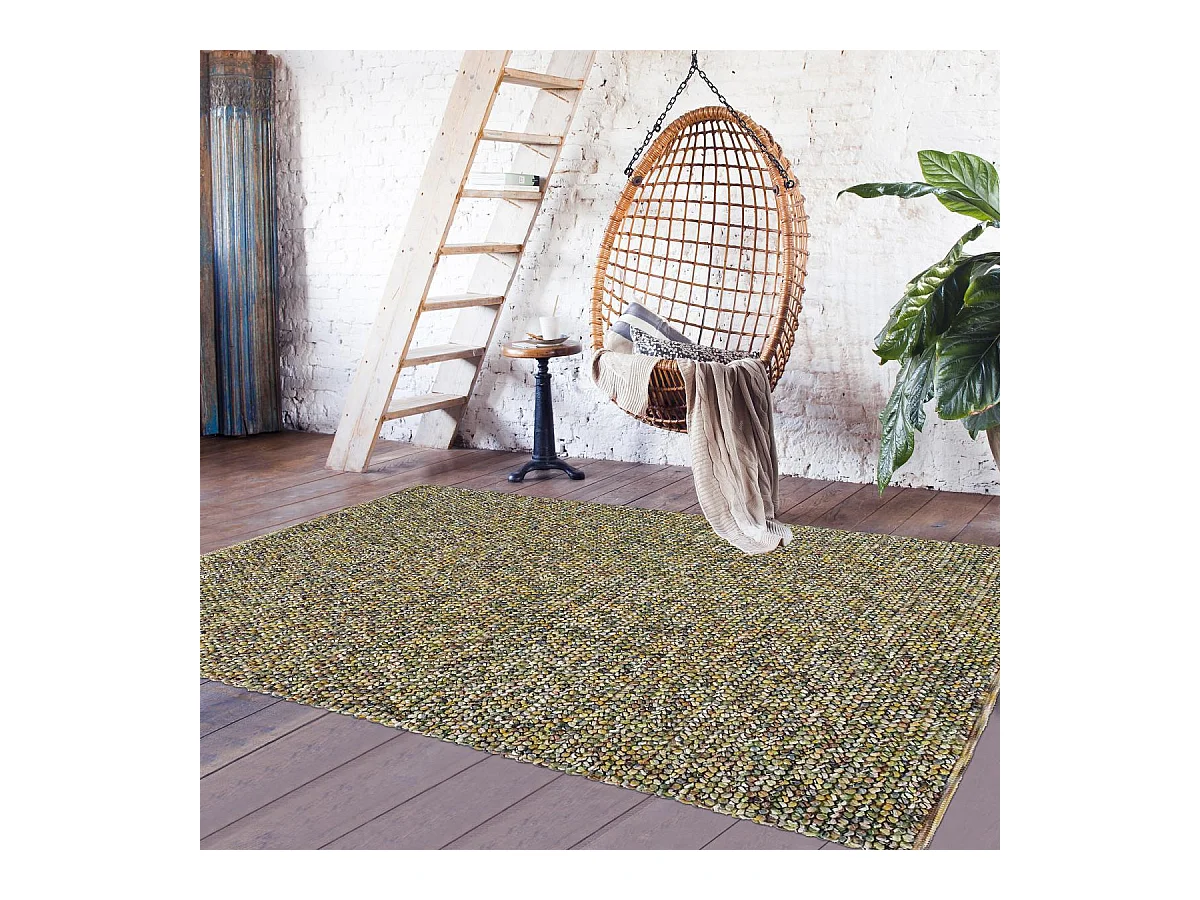 tapis entrée 140x200 tissé en laine vert et beige rectangle motif faux uni