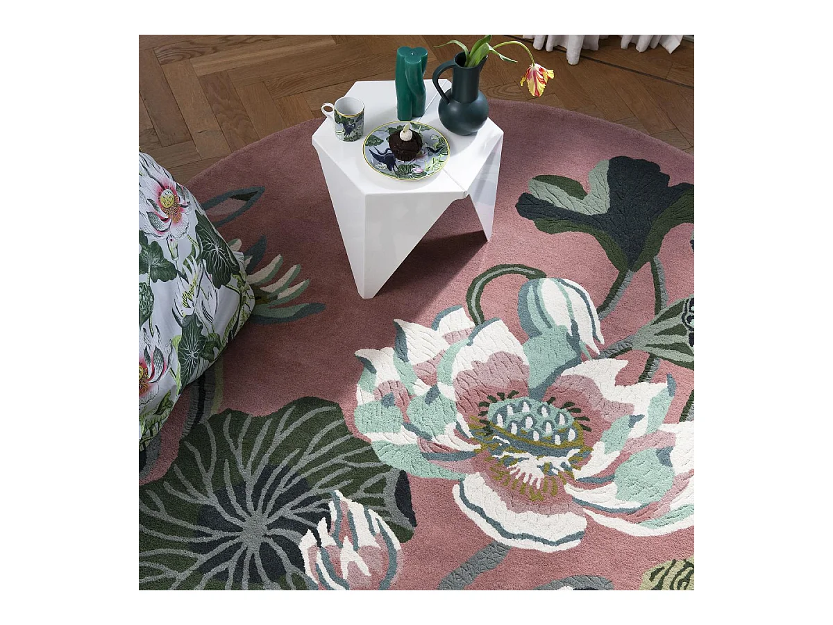 Tapis rond Ø200cm fait à la main en laine motif floral pour chambre WATERLILY
