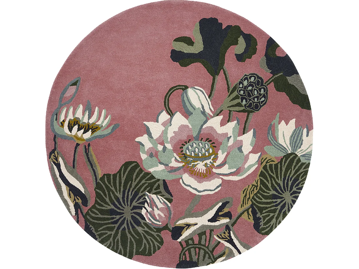 Tapis rond Ø200cm fait à la main en laine motif floral pour chambre WATERLILY