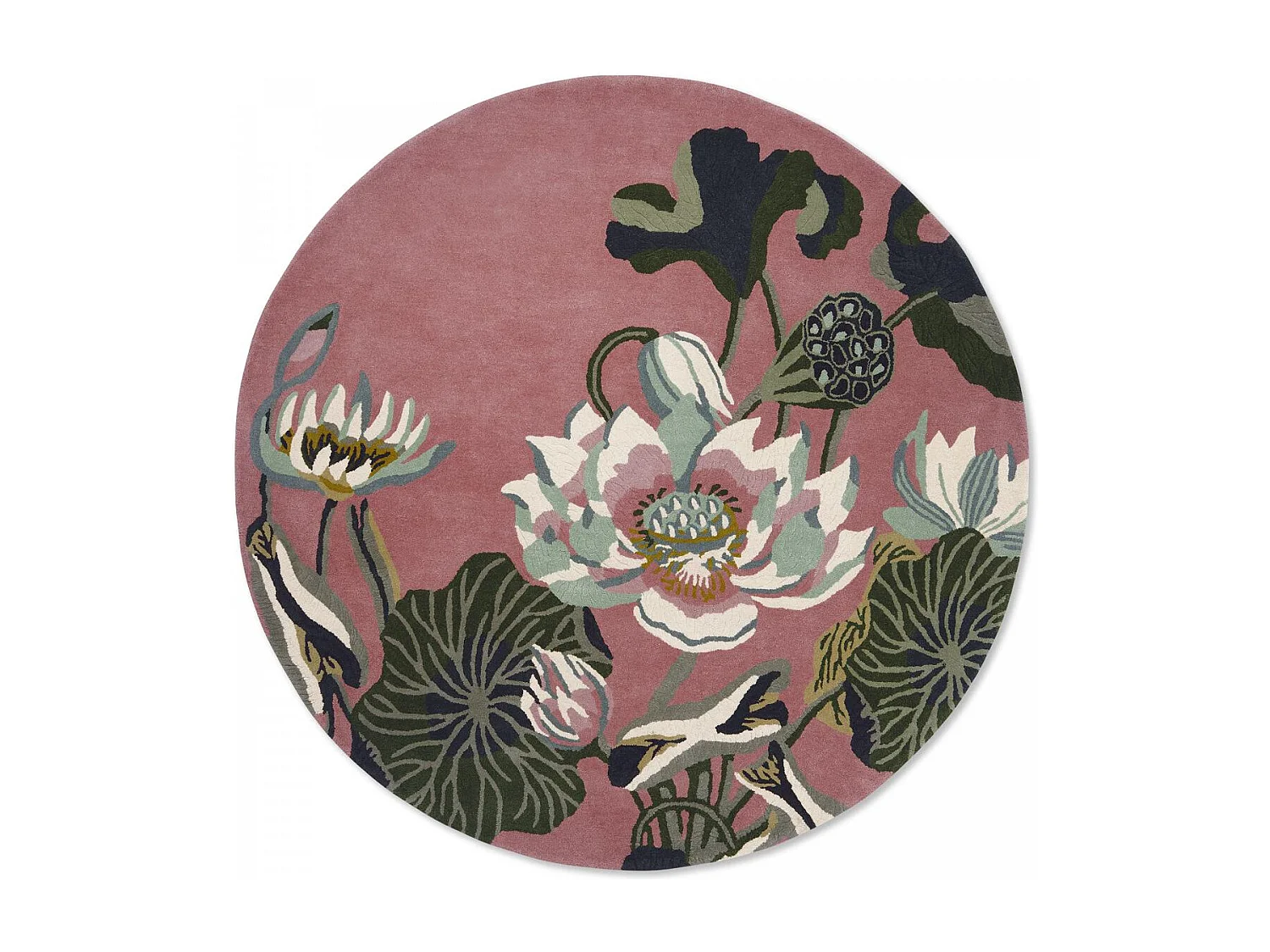 Tapis rond Ø200cm fait à la main en laine motif floral pour chambre WATERLILY