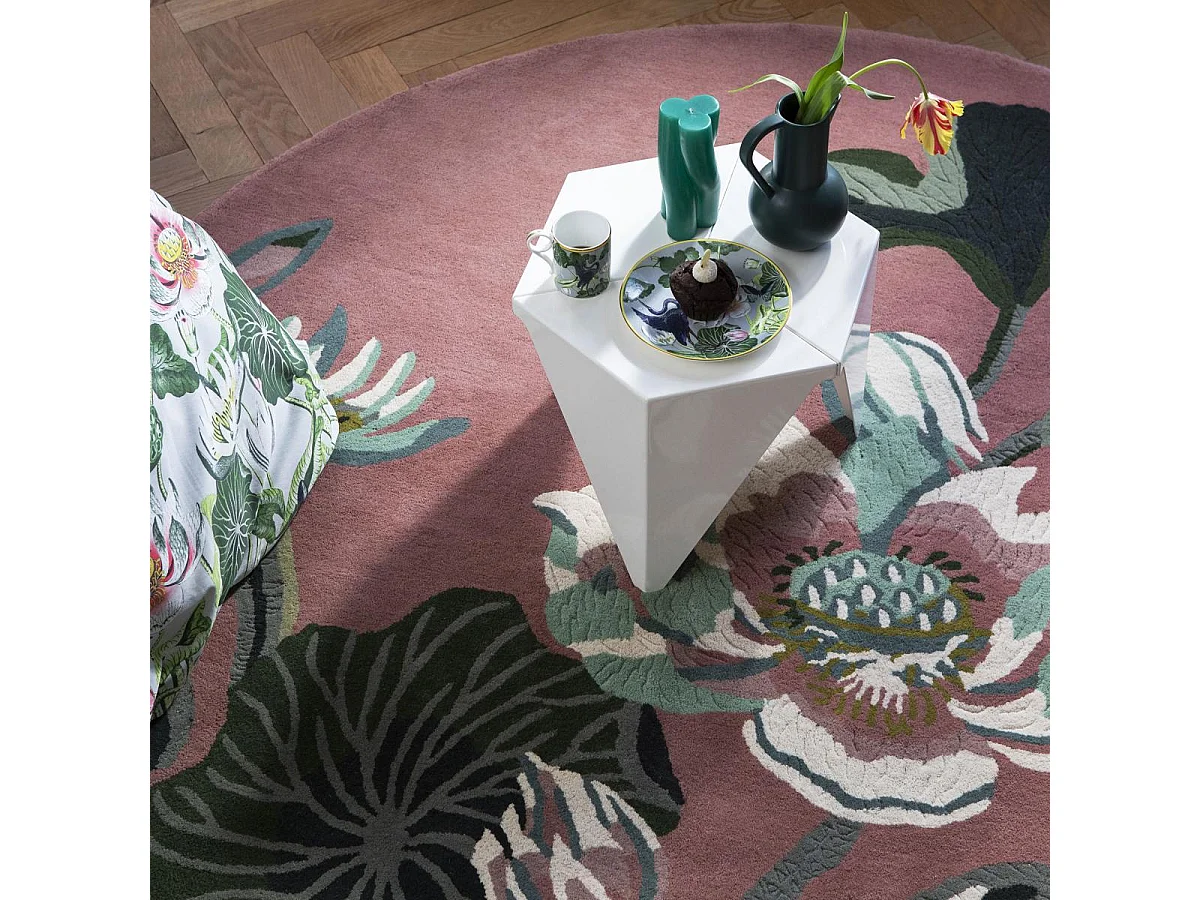 Tapis rond Ø200cm fait à la main en laine motif floral pour chambre WATERLILY