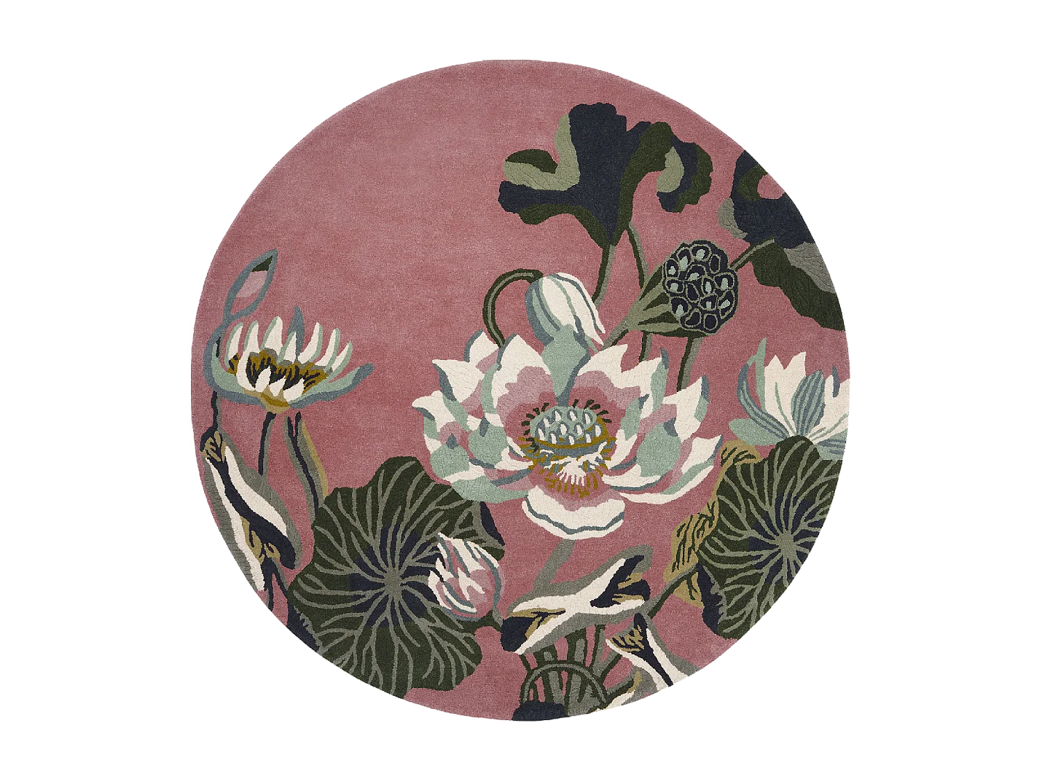 Tapis rond Ø200cm fait à la main en laine motif floral pour chambre WATERLILY