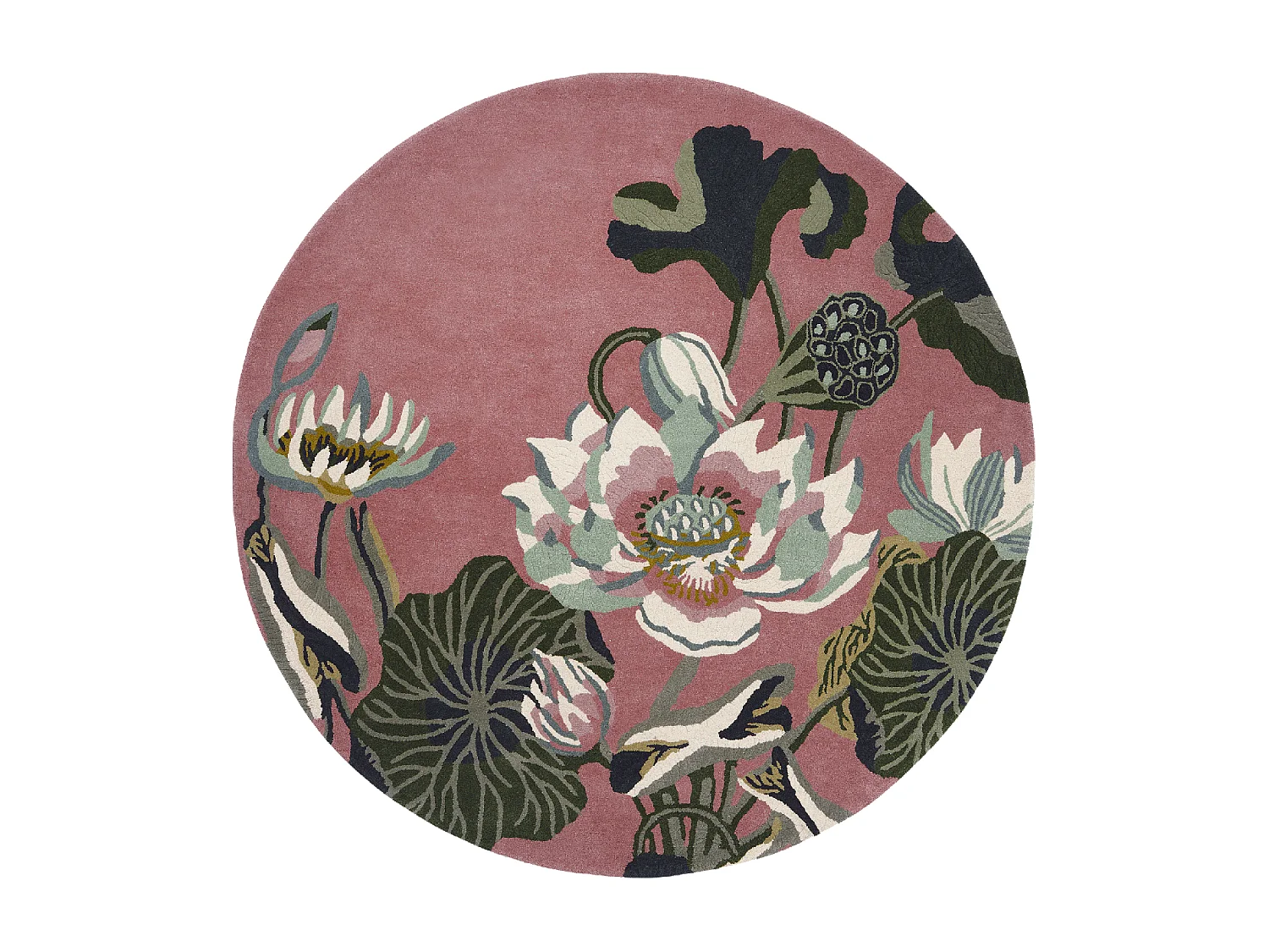Tapis rond Ø200cm fait à la main en laine motif floral pour chambre WATERLILY