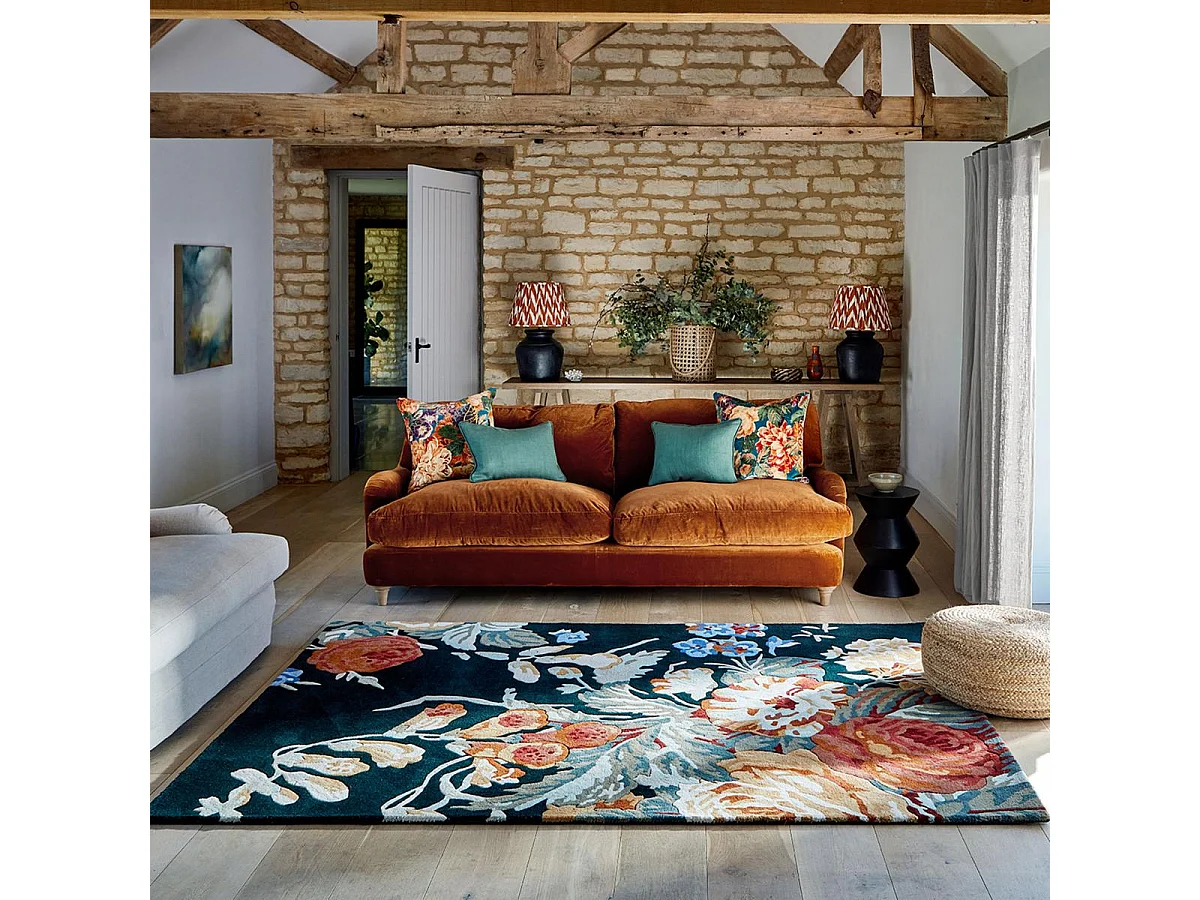 tappeto per camera da letto 170x240 realizzato a mano in lana blu navy e arancione