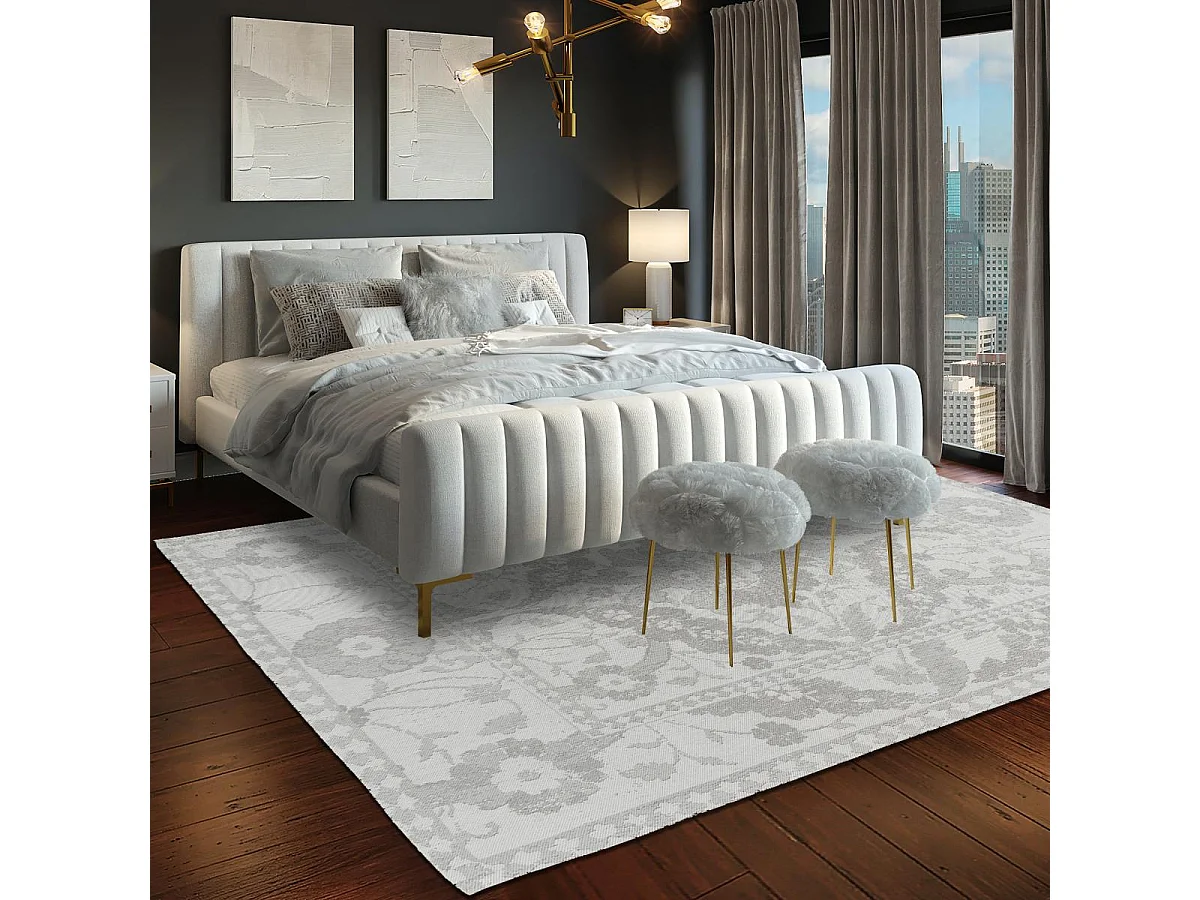 tappeto per camera da letto 140x200 realizzato a mano in cotone grigio acciaio con motivo floreale rettangolare NEWBOR