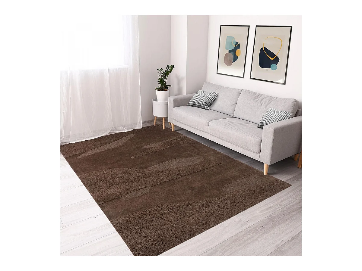 tapis open space 200x280 fait à la main en laine marron rectangle motif faux uni