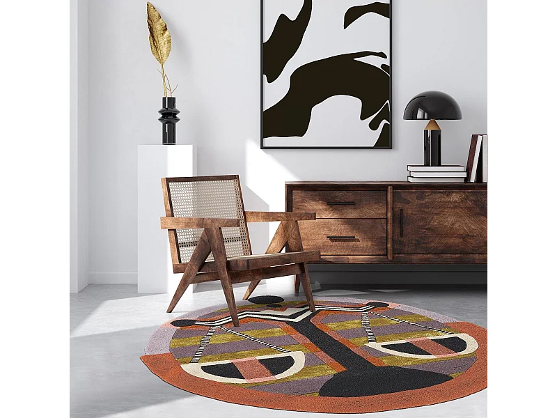 tapis entrée 100x100 fait à la main en laine multicolore motif fresque