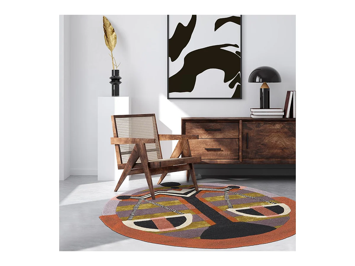tapis entrée 100x100 fait à la main en laine multicolore motif fresque