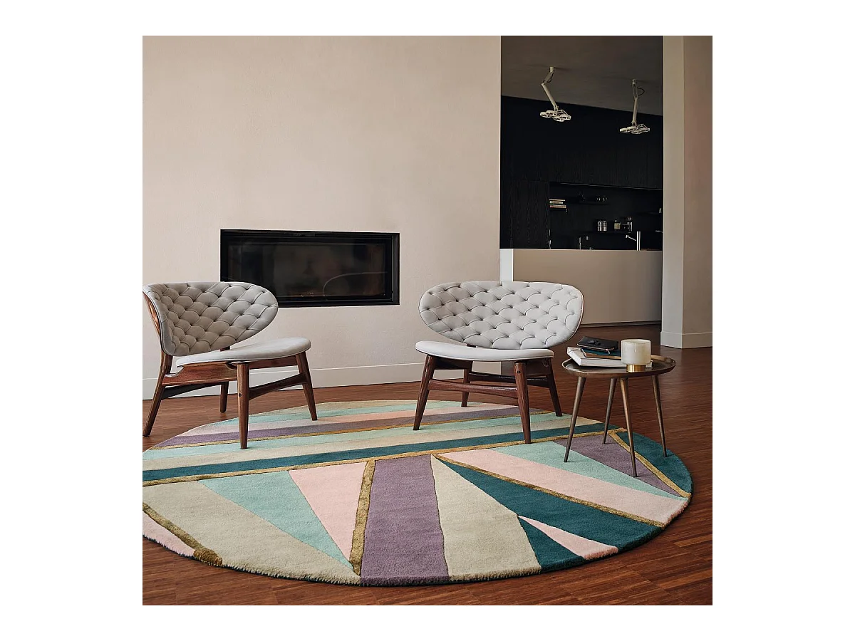 Tapis rond Ø150cm fait à la main en laine motif géométrique pour chambre