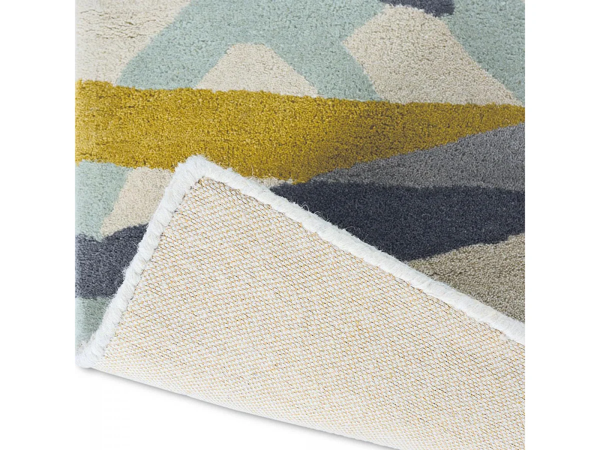 tapis entrée 140x200 fait à la main en laine gris et vert motif géométrique