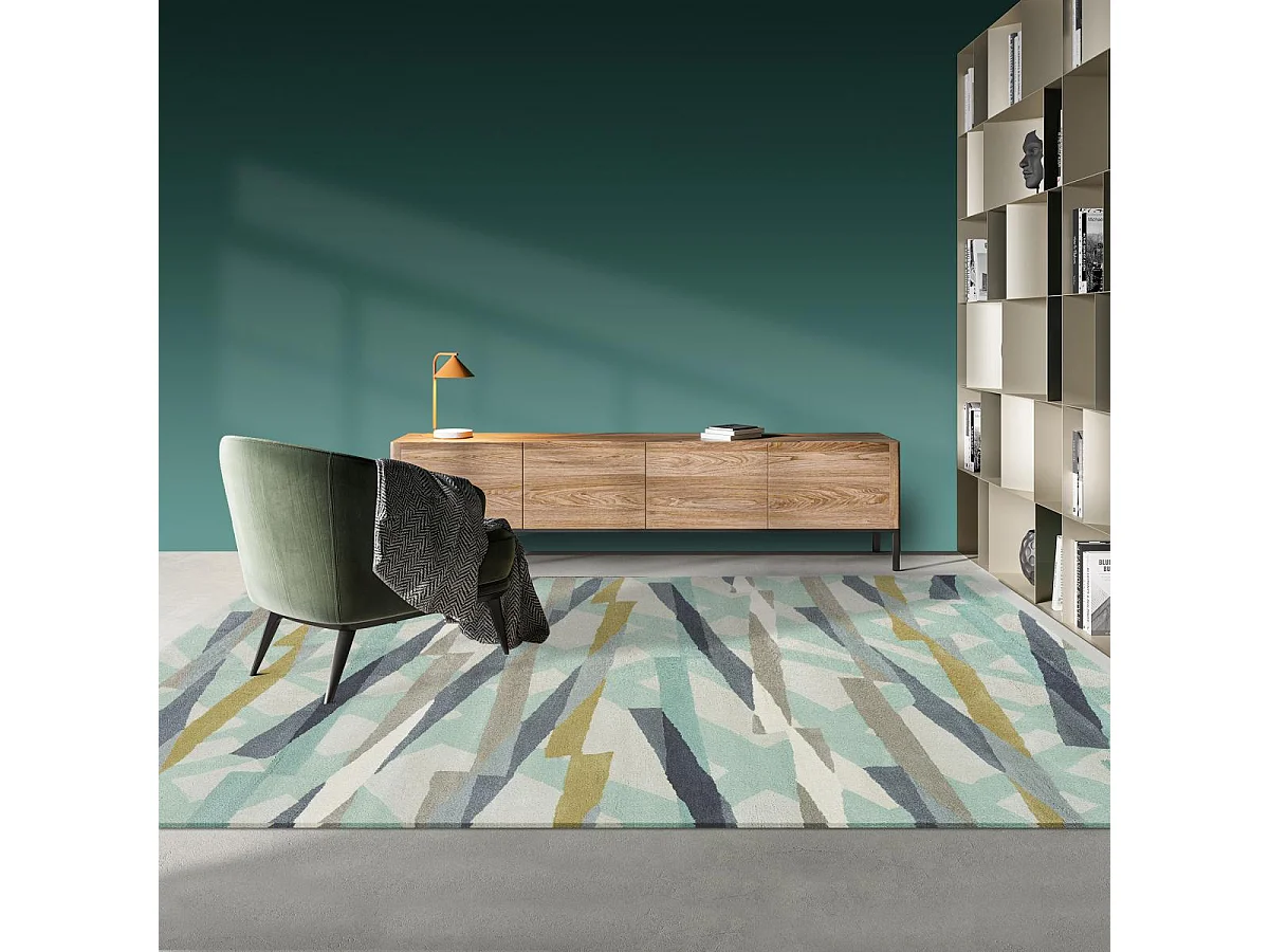 tapis entrée 140x200 fait à la main en laine gris et vert motif géométrique