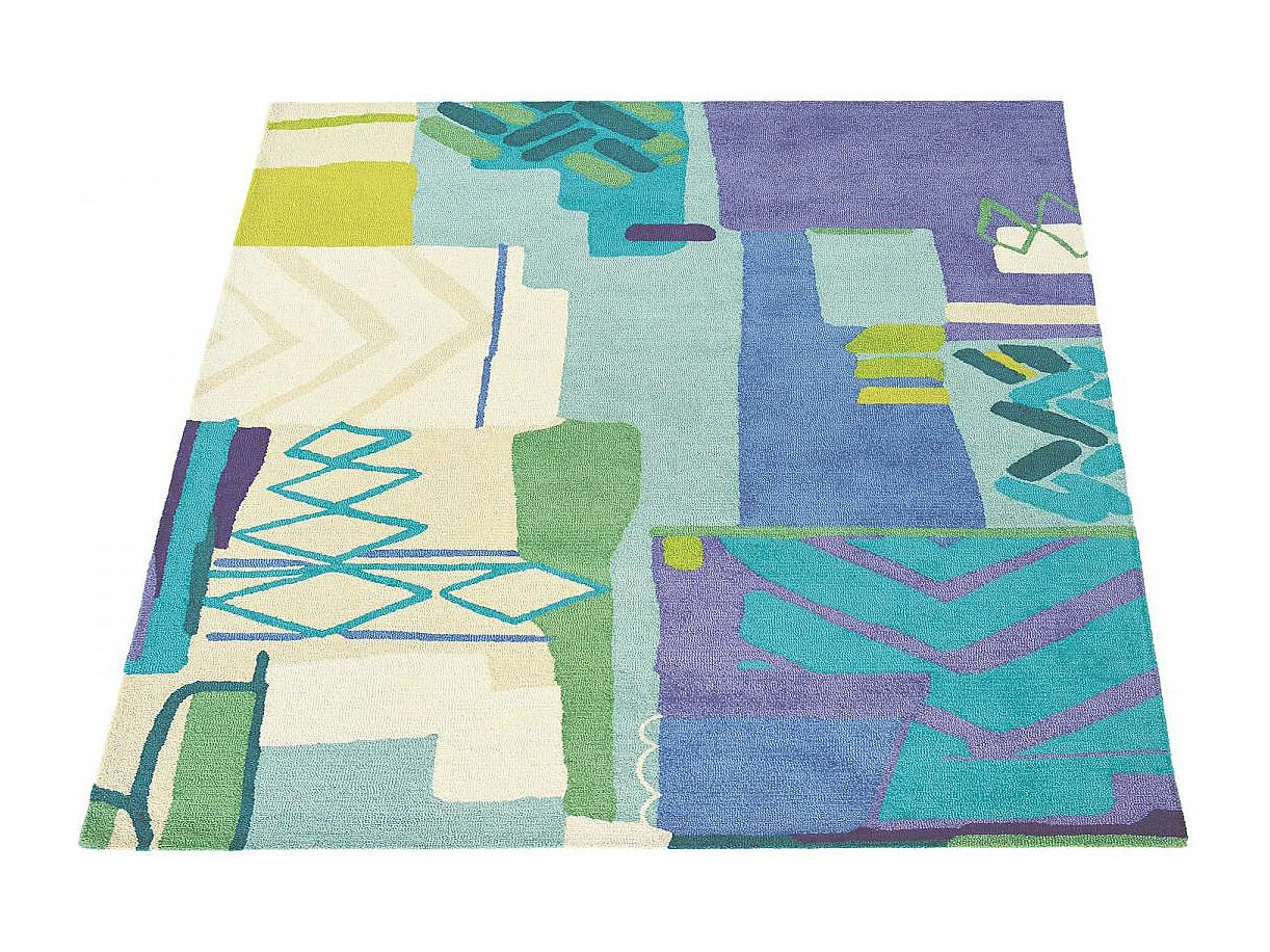 tapis chambre 170x230 fait à la main en laine bleu et jaune motif abstrait