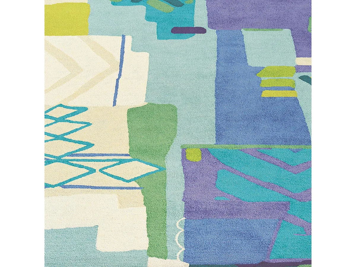 tapis chambre 170x230 fait à la main en laine bleu et jaune motif abstrait