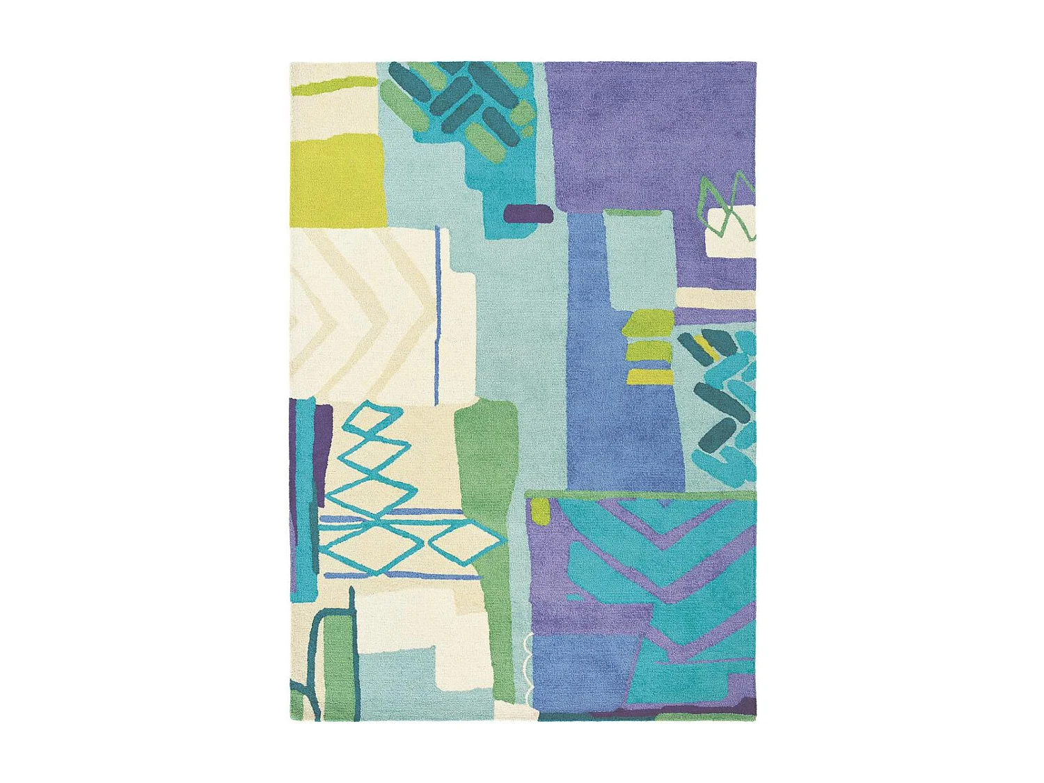 tapis chambre 170x230 fait à la main en laine bleu et jaune motif abstrait