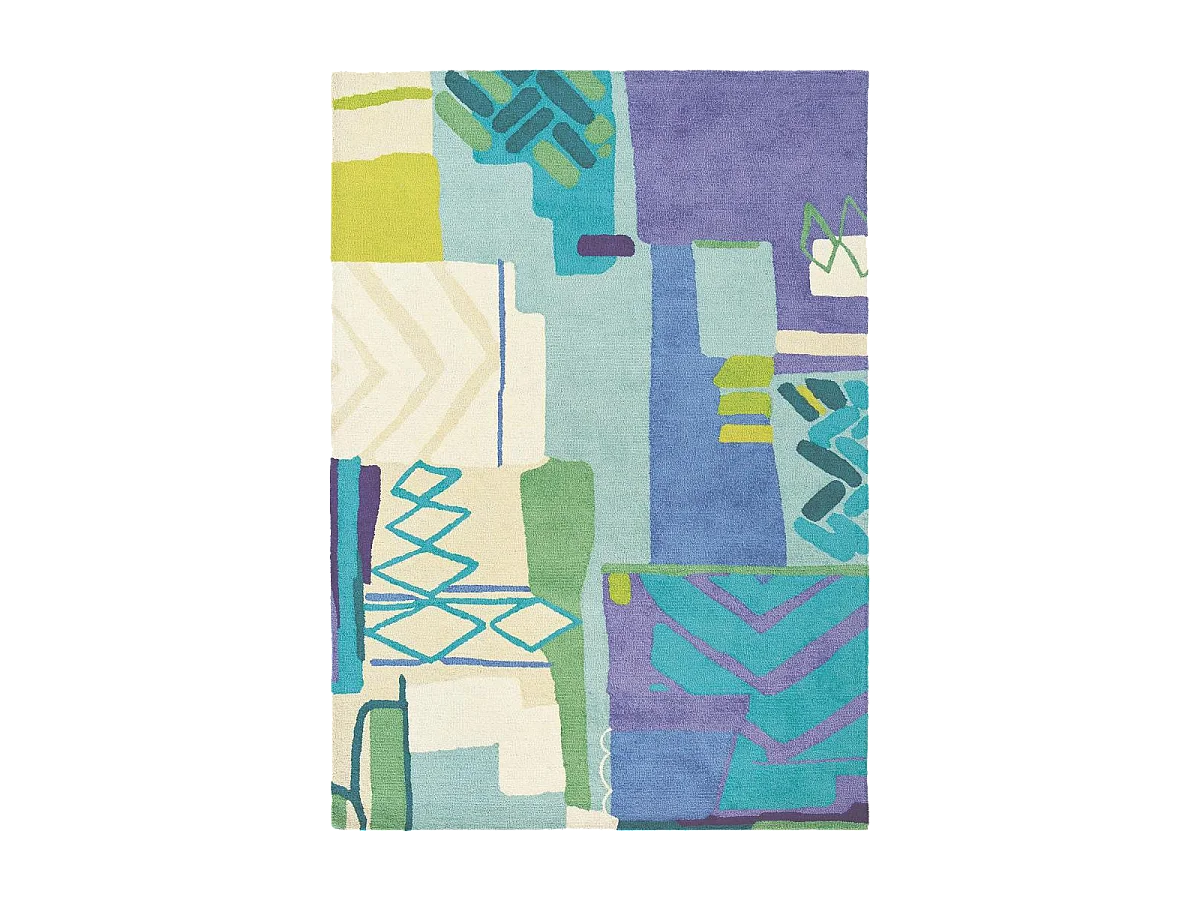 tappeto per camera da letto 170x230 realizzato a mano in lana blu e gialla fantasia astratta