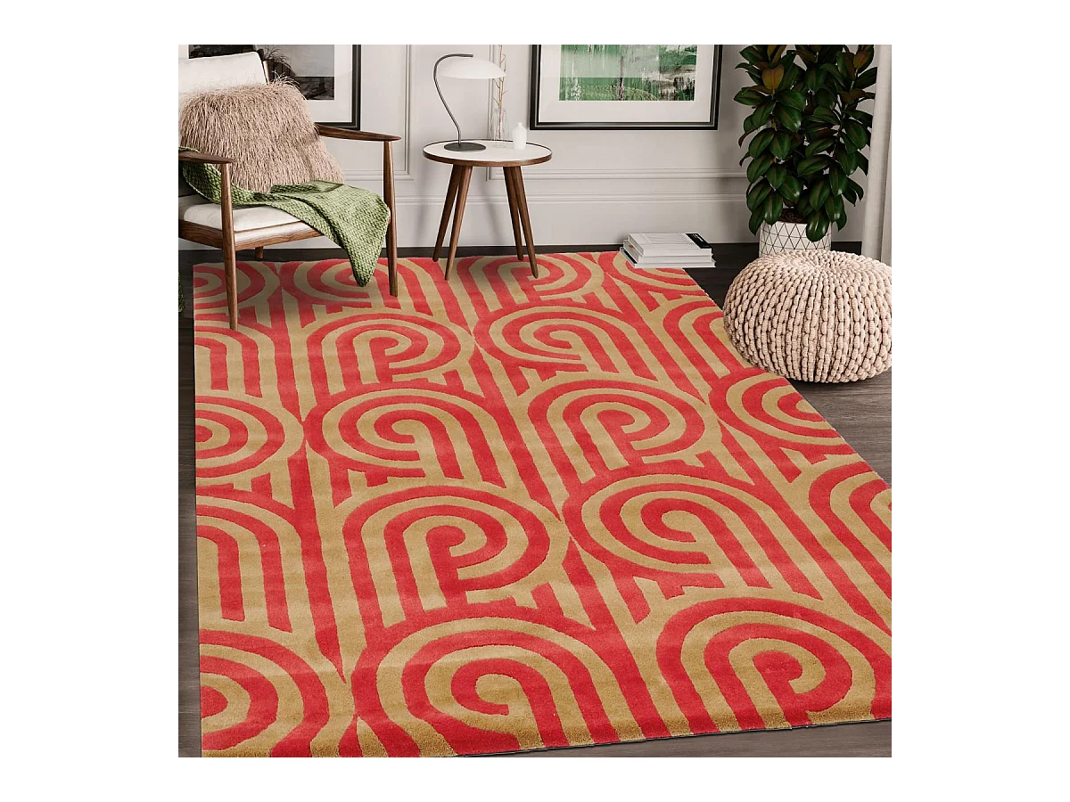 tapis chambre 170x240 fait à la main en laine rouge rectangle motif seventies