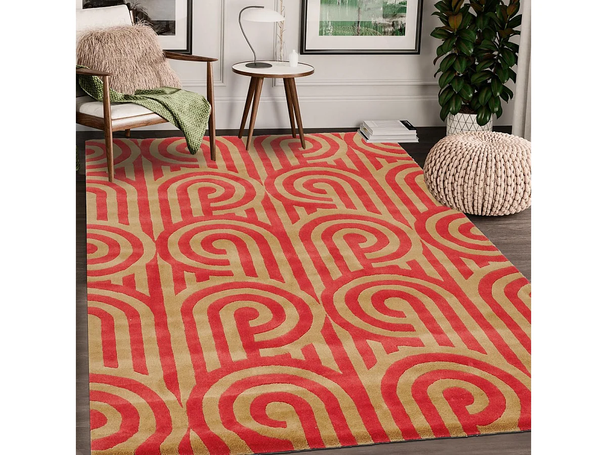 tapis chambre 170x240 fait à la main en laine rouge rectangle motif seventies