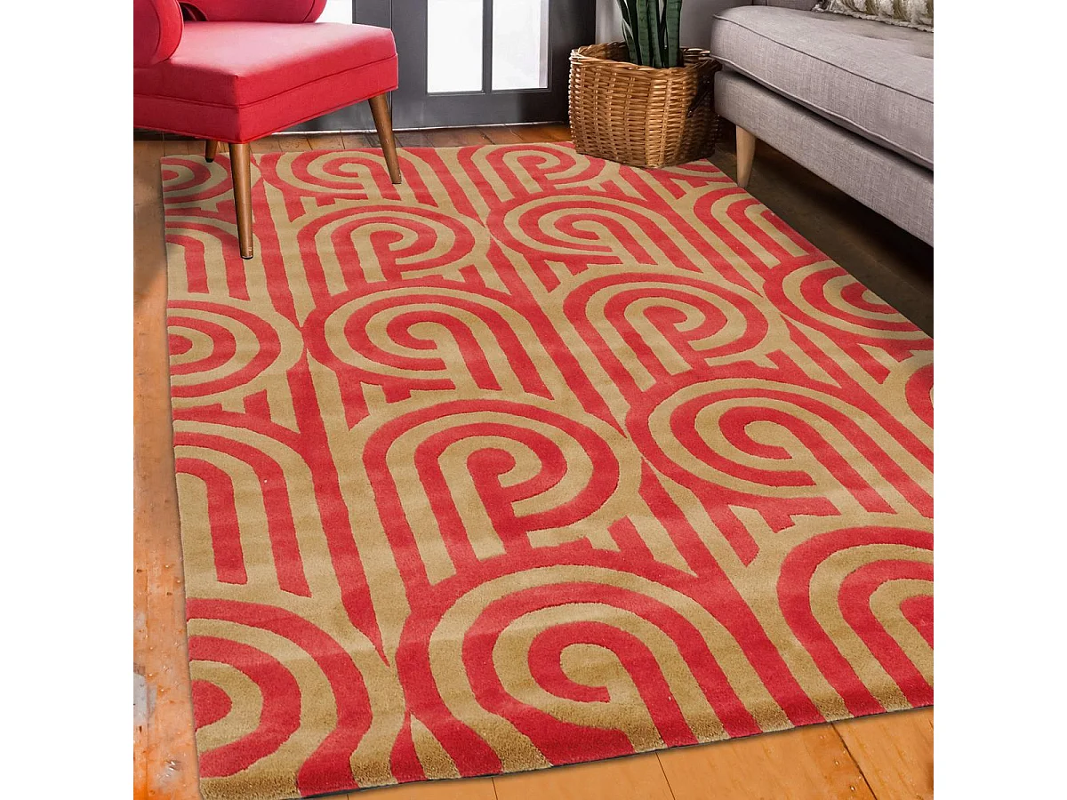 tapis chambre 170x240 fait à la main en laine rouge rectangle motif seventies
