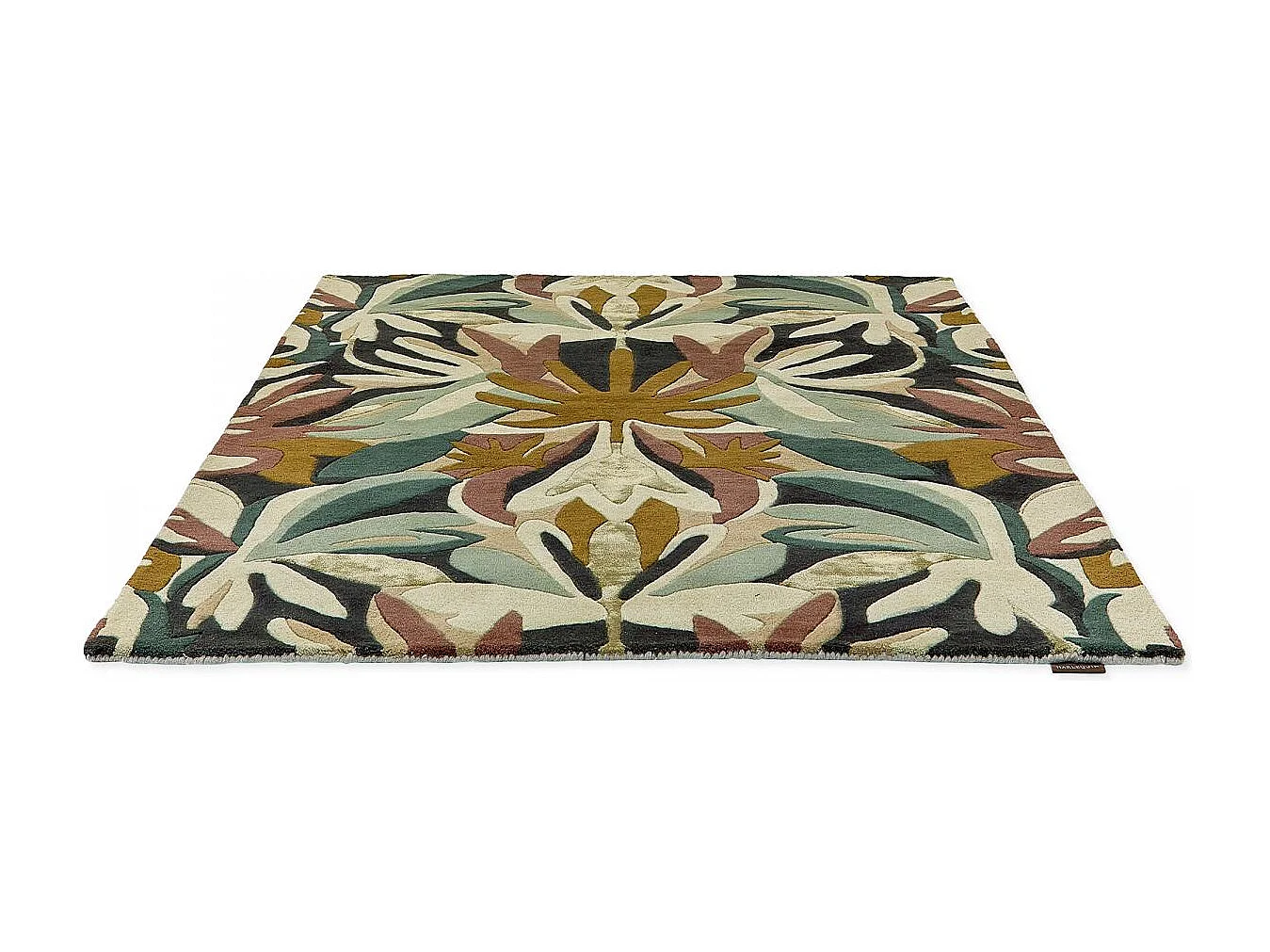 tappeto da soggiorno 200x280 realizzato a mano in lana verde e beige con motivo floreale rettangolare