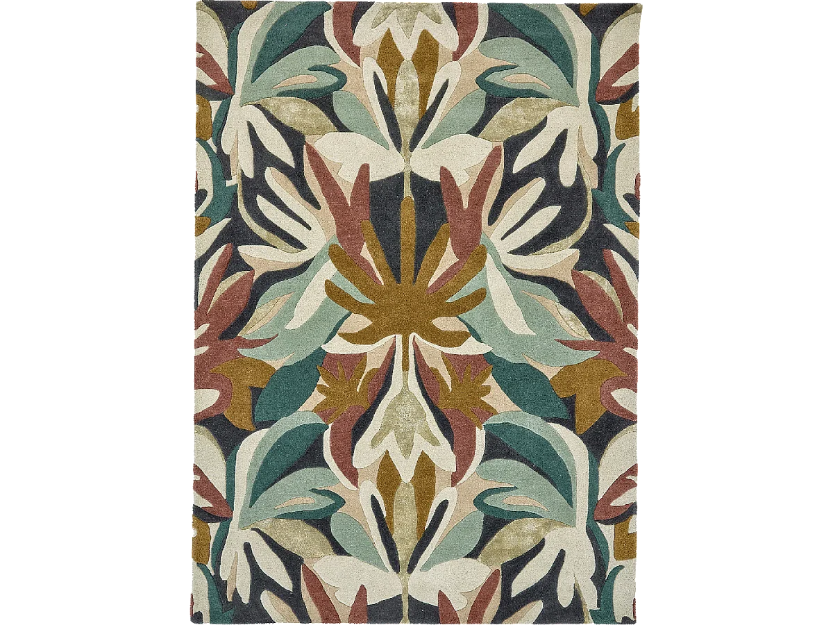 tapis salon 200x280 fait à la main en laine vert et beige rectangle motif floral