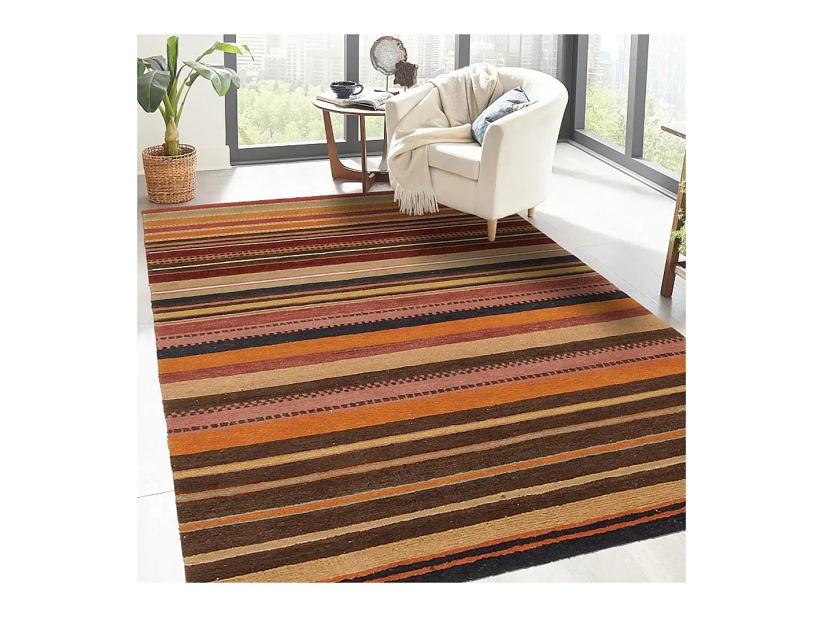 tapis salon 170x240 fait main en laine beige et marron motif géométrique