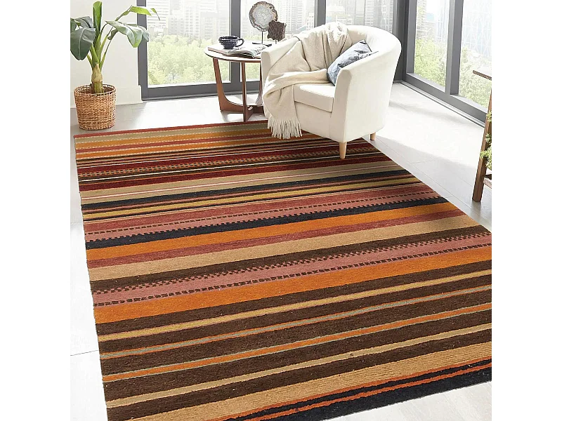 tapis salon 170x240 fait main en laine beige et marron motif géométrique