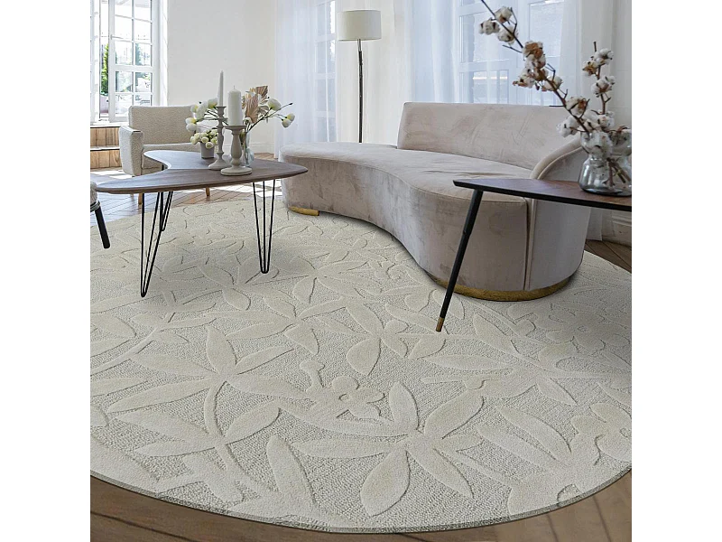 Tapis rond Ø200cm fait main en laine motif floral pour salon CLEAVERS