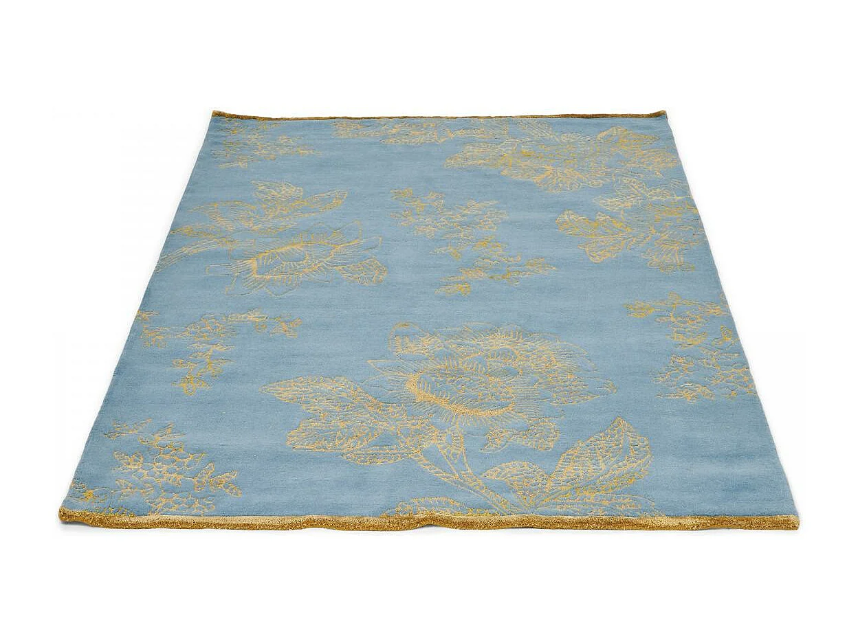 tapis salon 170x240 fait à la main en laine bleu et or rectangle motif floral