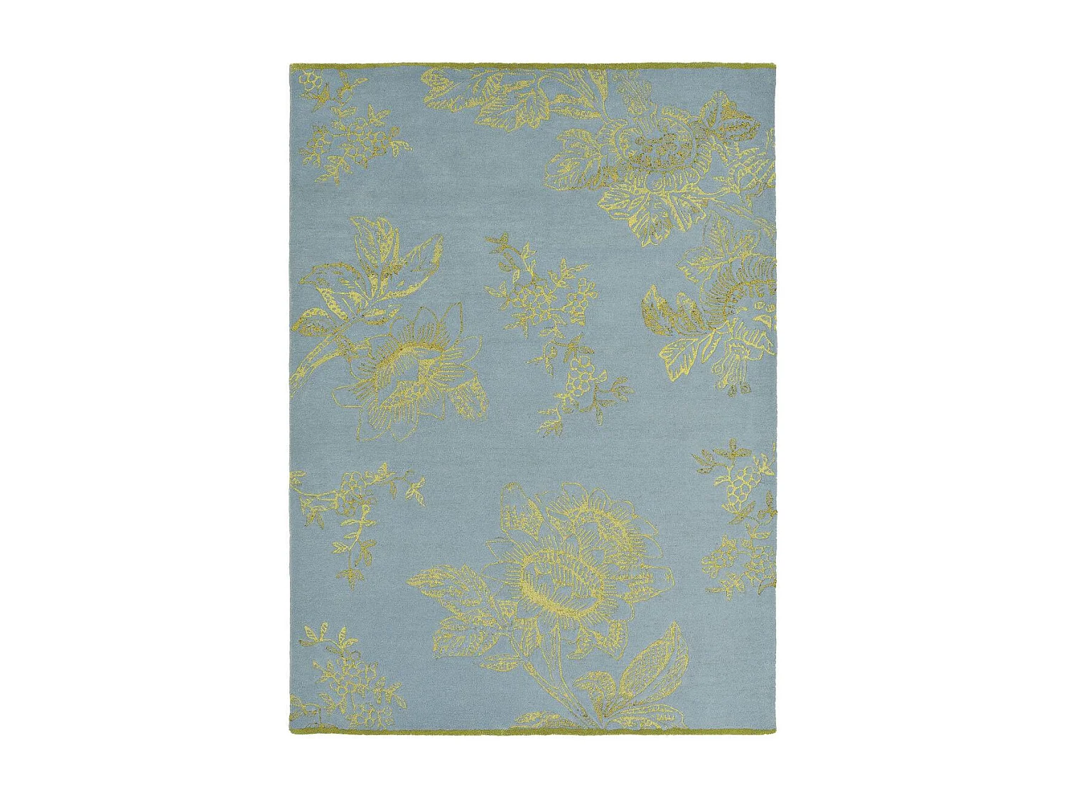 tapis salon 170x240 fait à la main en laine bleu et or rectangle motif floral