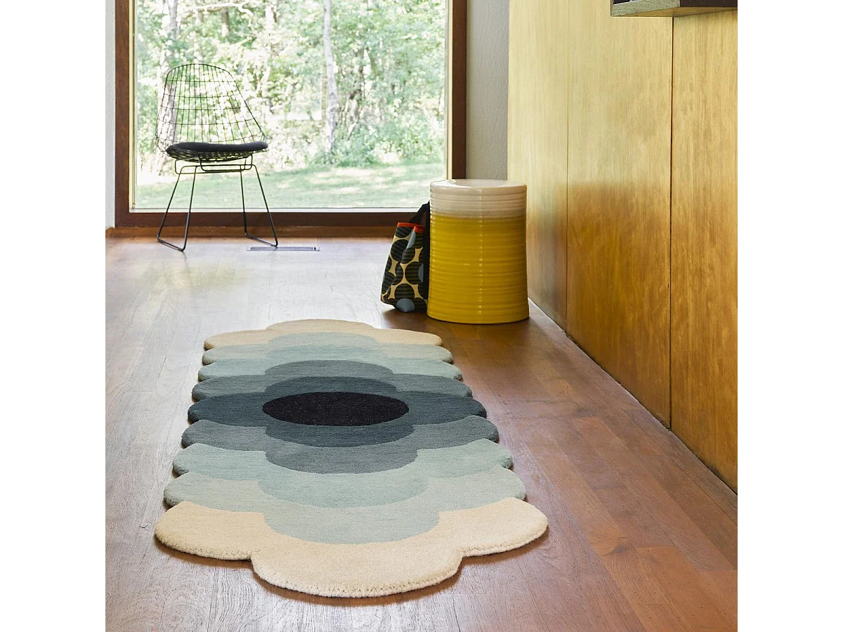 tapis salle de jeux 87x300 fait à la main en laine bleu et gris motif seventies