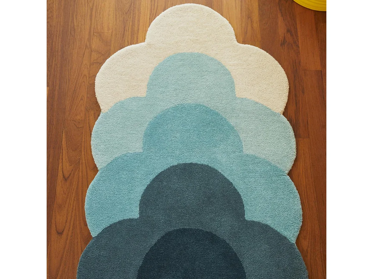tapis salle de jeux 87x300 fait à la main en laine bleu et gris motif seventies