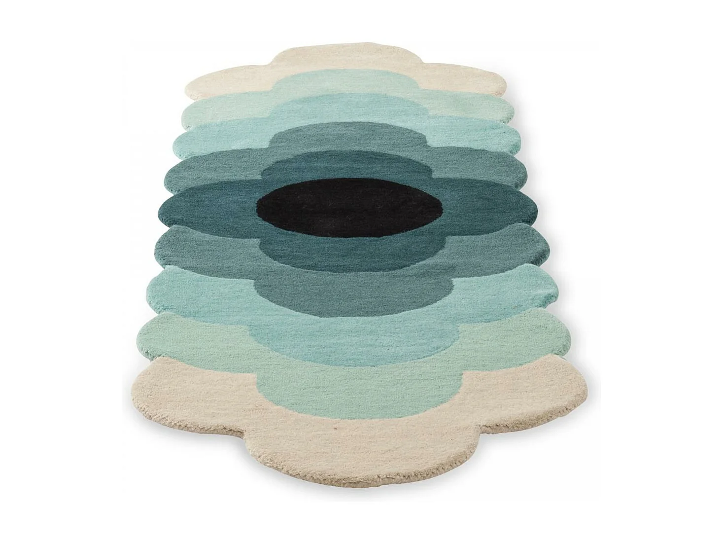 tapis salle de jeux 87x300 fait à la main en laine bleu et gris motif seventies