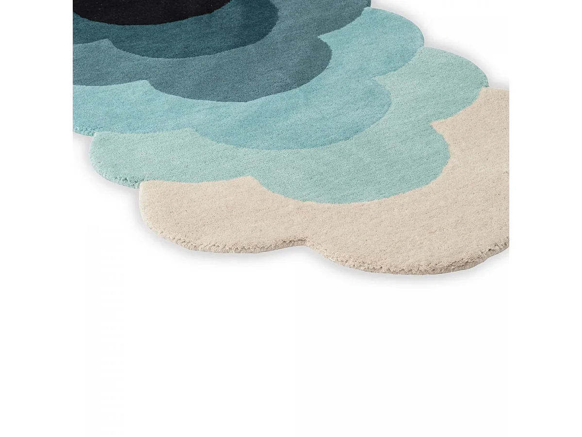 tapis salle de jeux 87x300 fait à la main en laine bleu et gris motif seventies