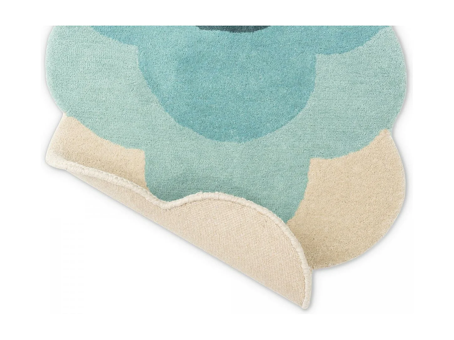 tapis salle de jeux 87x300 fait à la main en laine bleu et gris motif seventies