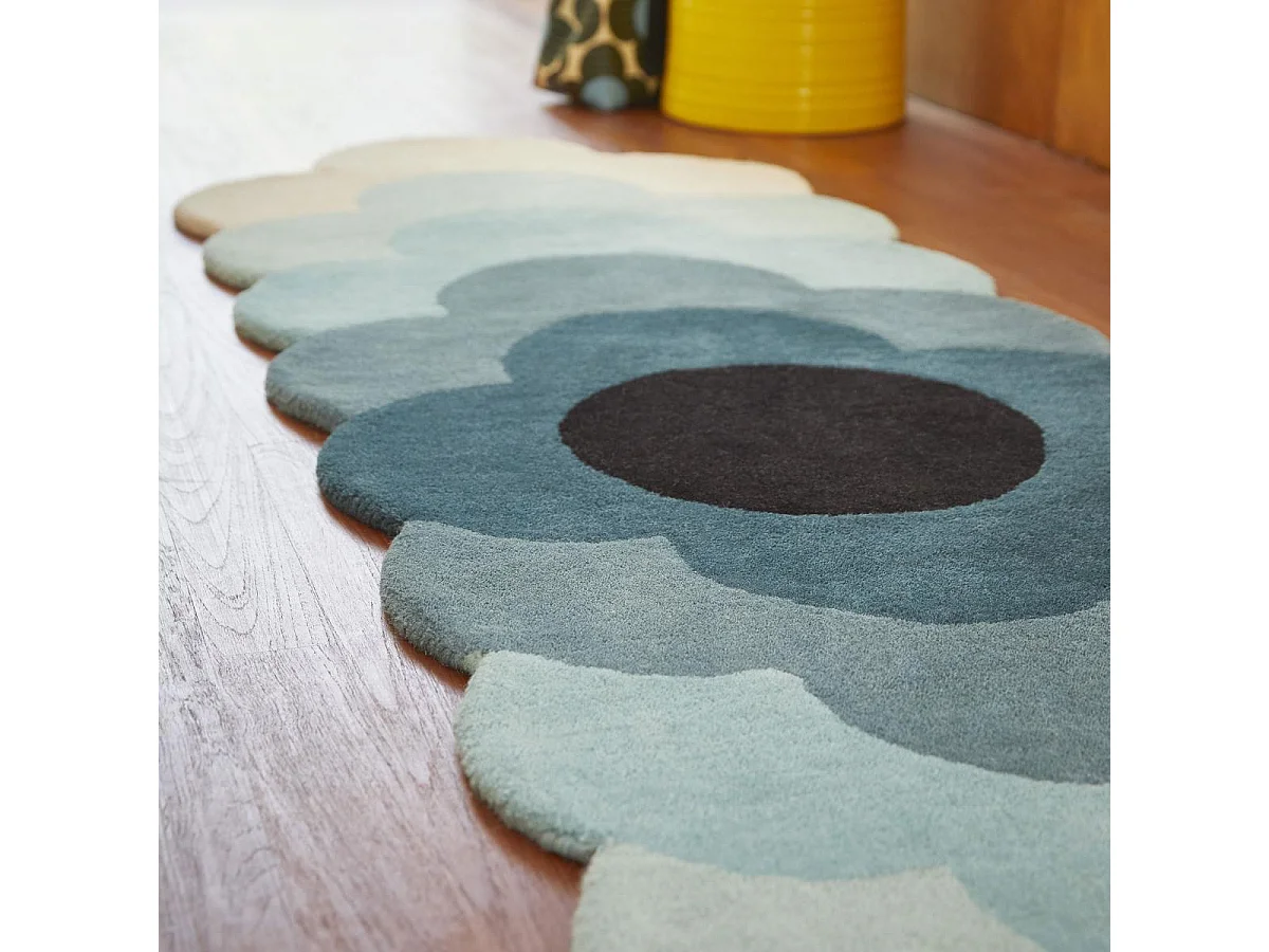 tapis salle de jeux 87x300 fait à la main en laine bleu et gris motif seventies