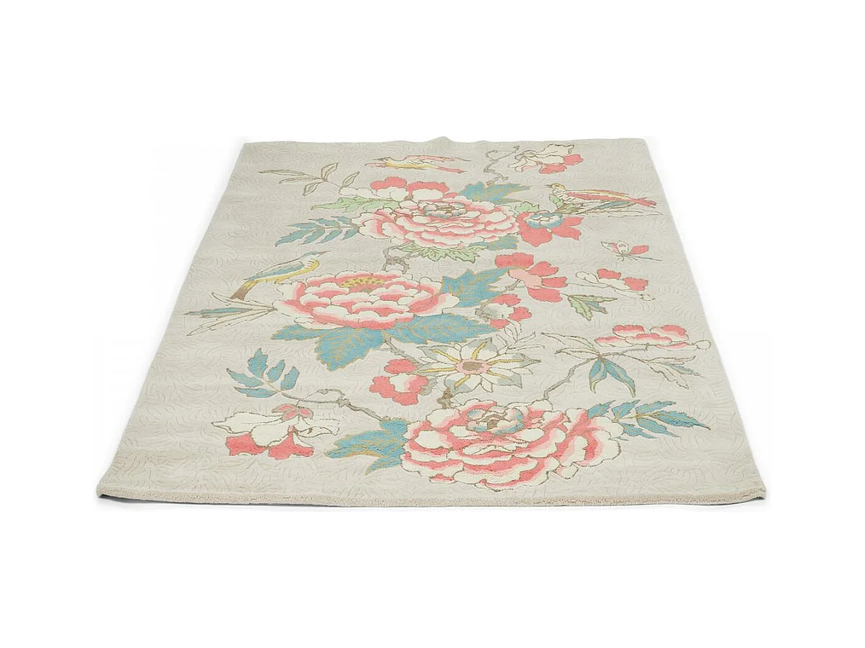 tapis chambre 120x180 fait à la main en laine beige et corail motif floral