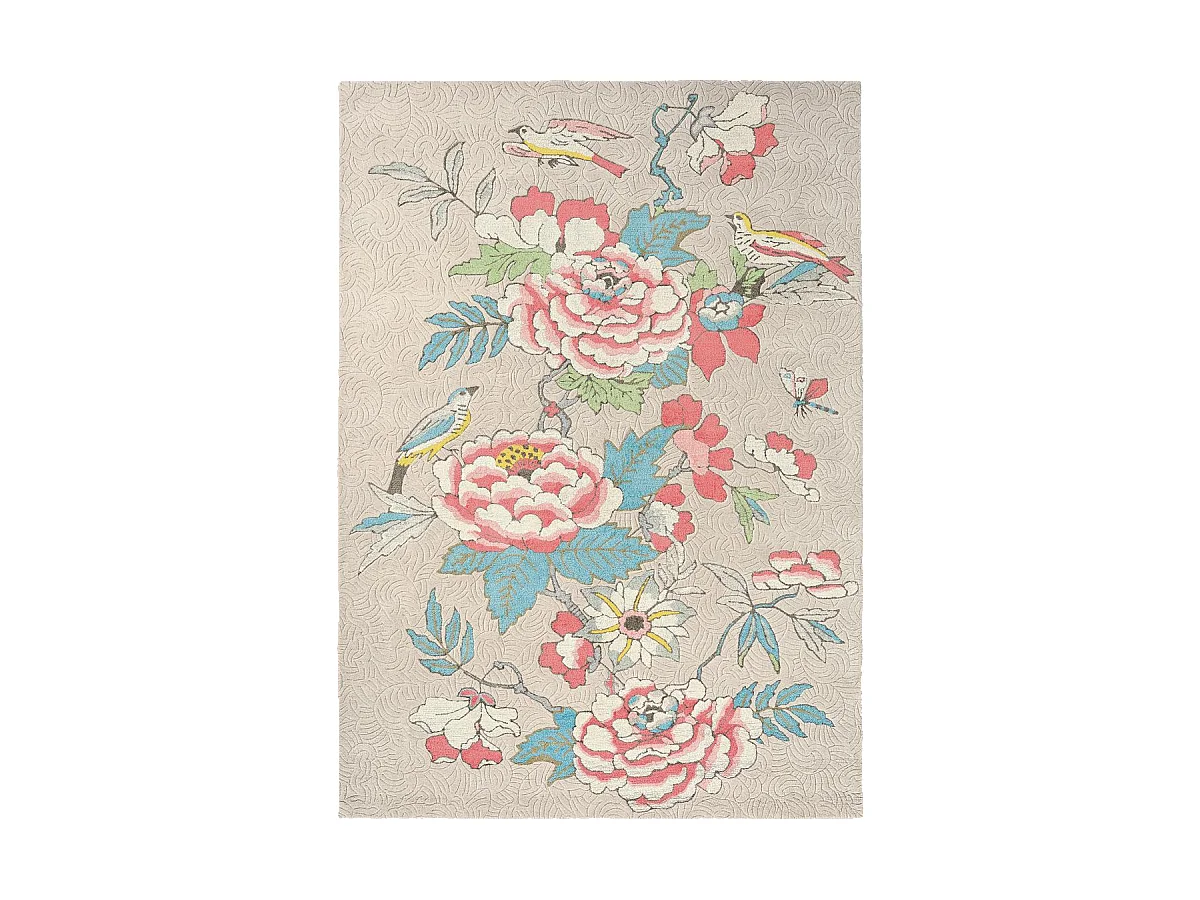 tapis chambre 120x180 fait à la main en laine beige et corail motif floral