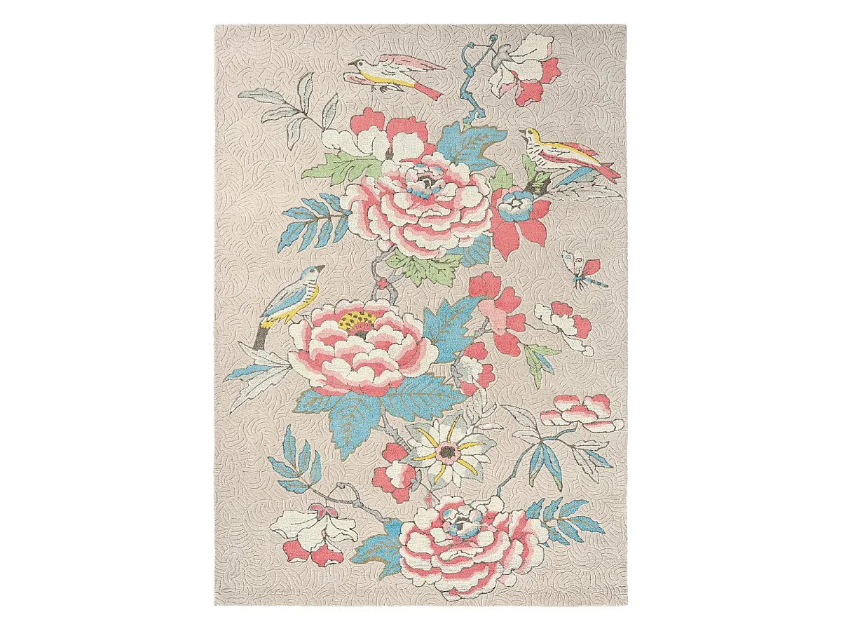 tapis chambre 120x180 fait à la main en laine beige et corail motif floral