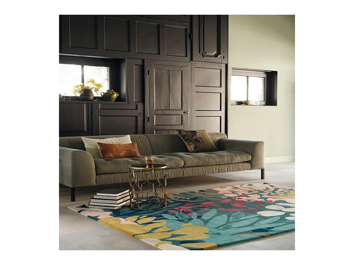 tapis salle à manger 250x350 tissé en laine vert et jaune motif floral