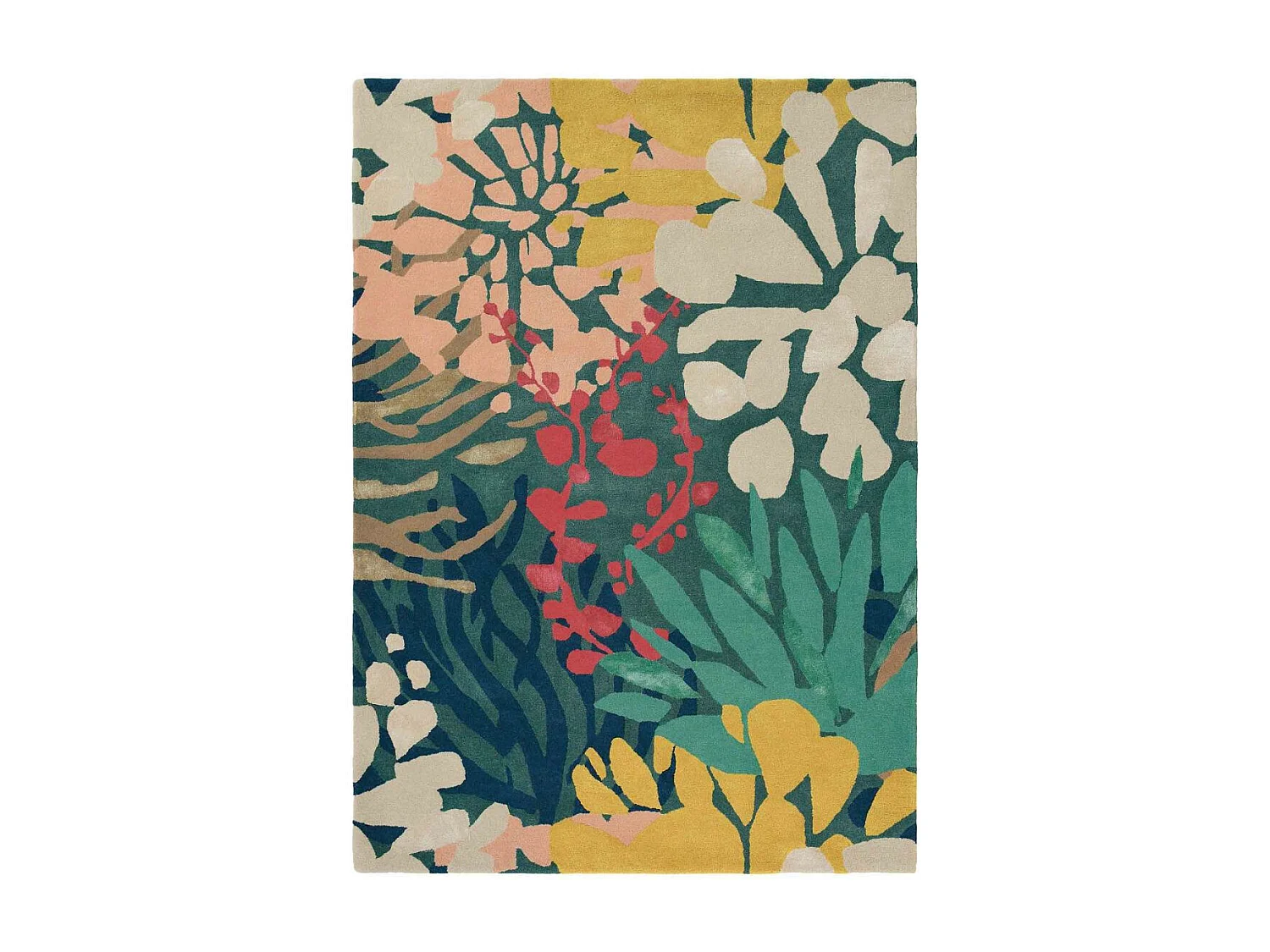 tapis salle à manger 250x350 tissé en laine vert et jaune motif floral