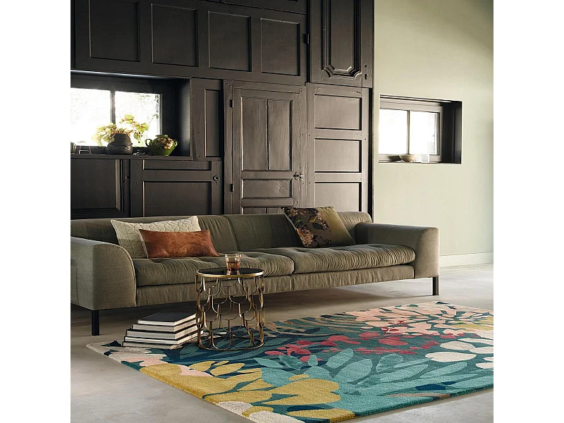 tapis salle à manger 250x350 tissé en laine vert et jaune motif floral