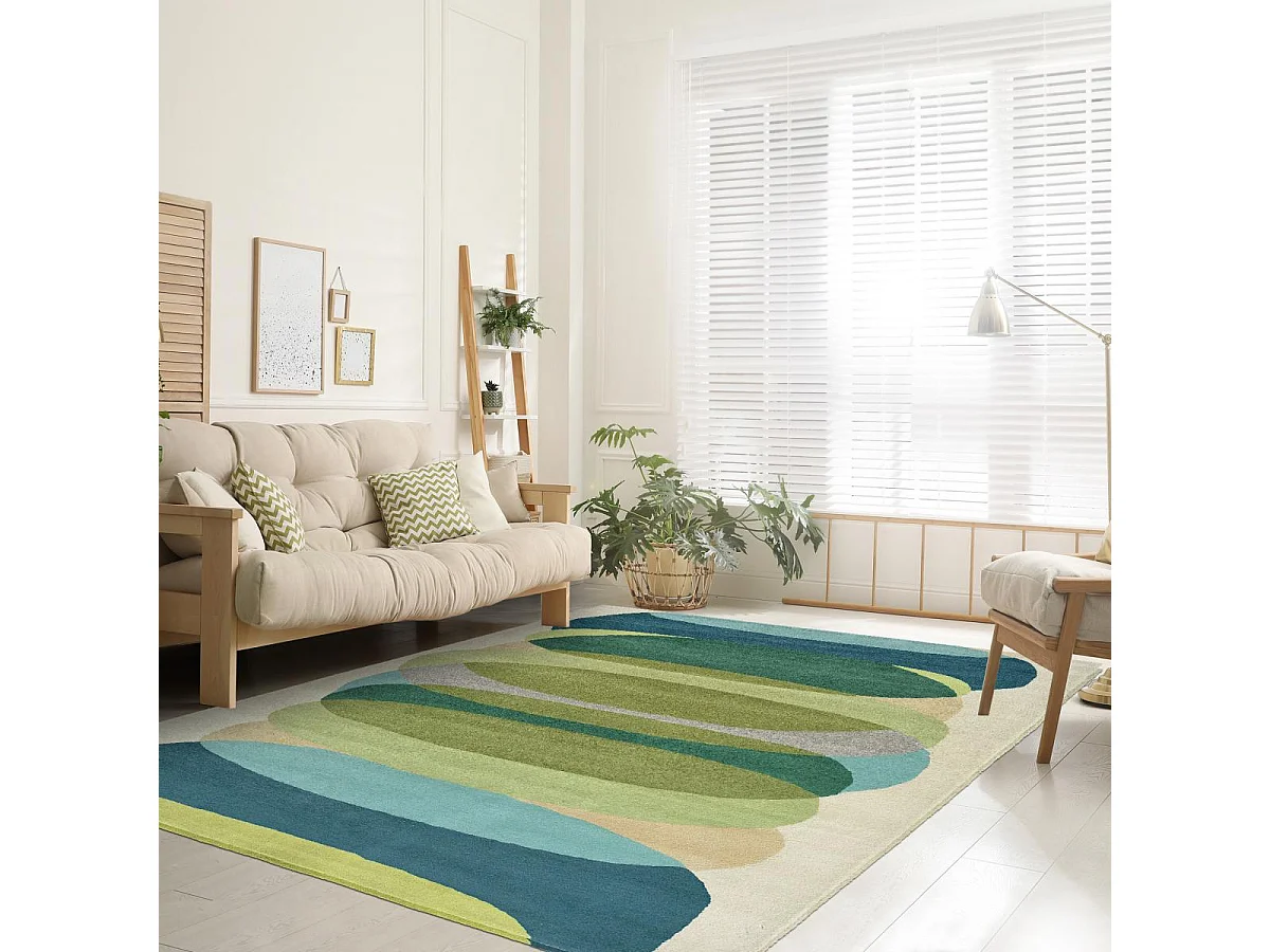 tapis salon 200x280 fait à la main en laine vert et bleu motif géométrique