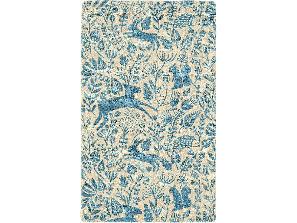 tapis grand salon 120x180 fait à la main en laine bleu rectangle motif animaux