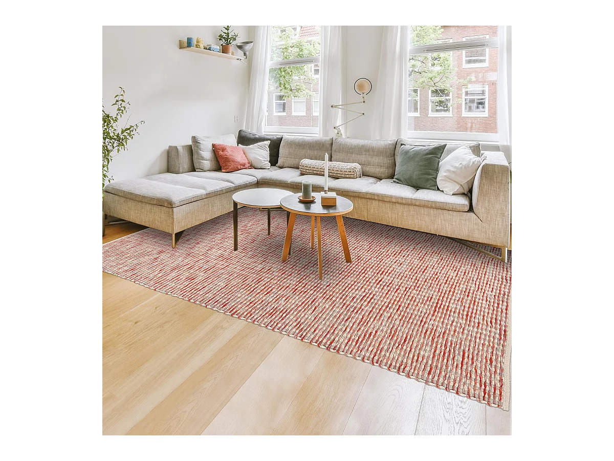 tapis salle de gym 160x230 fait main en laine crème et rouge motif faux uni