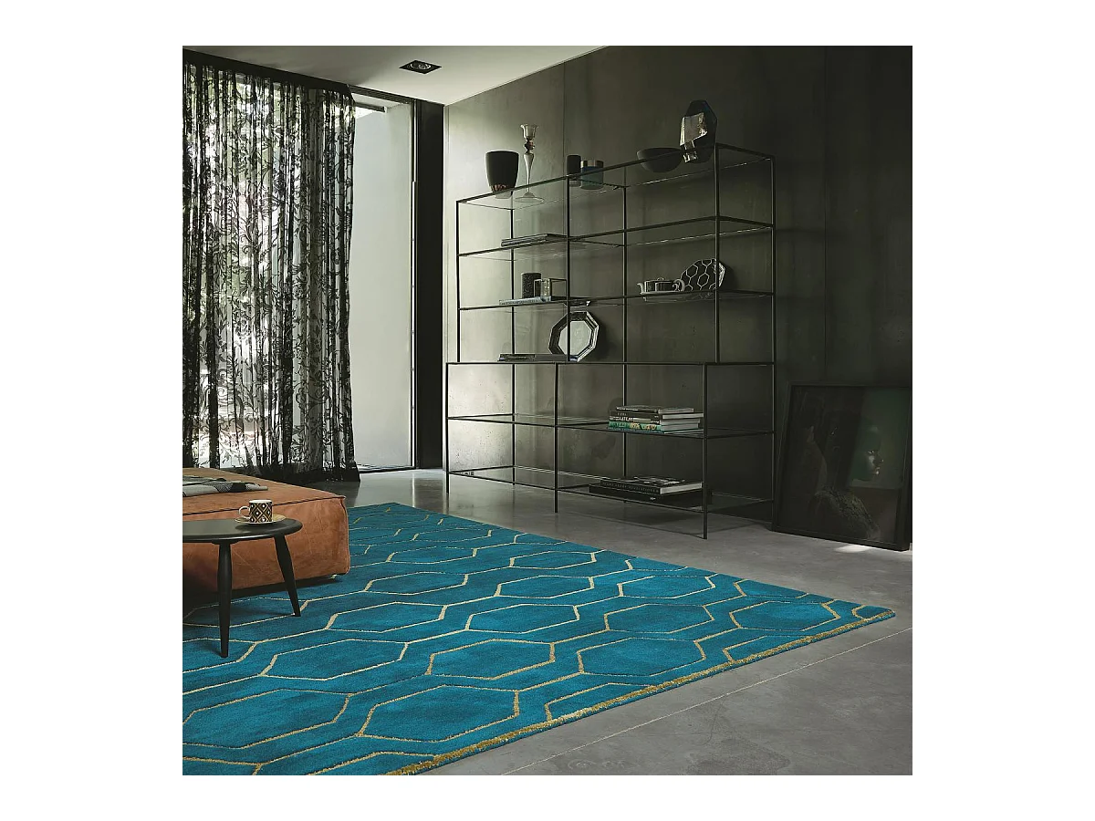 tapis salon 200x280 fait à la main en laine bleu rectangle motif scandinave ARRIS