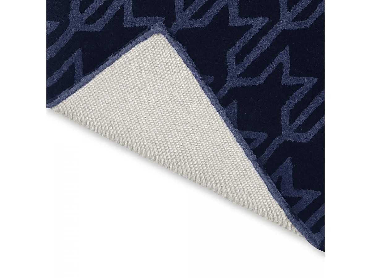 tapis grand salon 250x350 fait à la main en laine bleu foncé motif géométrique