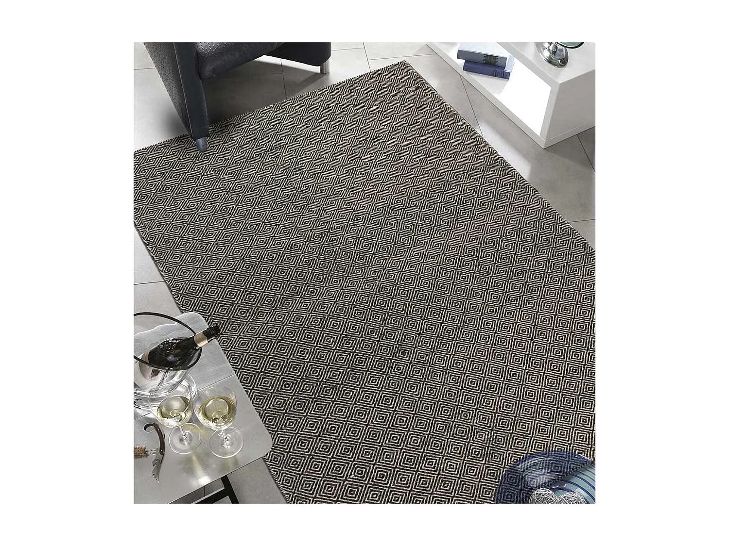 Tapis kilim 200x300 rectangle fait main en laine gris motif géométrique